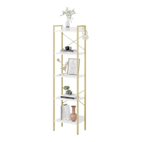 Hzuaneri Bookshelf, Book Shelf, Industrial Bookcase with 2 Hooks - color: White Gold, size: 9.4"D x 15.7"W x 63"H