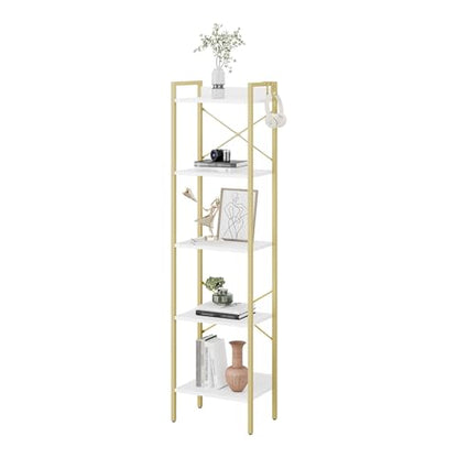 Hzuaneri Bookshelf, Book Shelf, Industrial Bookcase with 2 Hooks - color: White Gold, size: 9.4"D x 15.7"W x 63"H