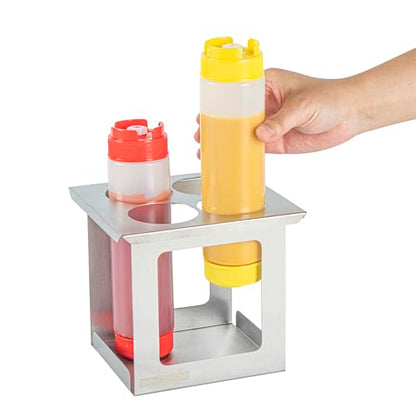 Restaurantware Squeeze Bottle Holder 1 Count 6.30 x 7.01 x 6.26 Inches Stainless Steel Condiment Organizer - Four-Hole Durable Kitchen Rack - Silver Prep Station Organizer - size: Fits 1/6 Size Opening, style: Four Holes, Holder