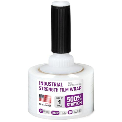 3" x 1000' Industrial Strength Stretch Wrap, Ready to Use Pack of 1 Mini Roll with Handle, Clear Plastic Film, 80 Gauge Thick, 500% Elongation – Heavy-Duty Shrink Wrap for Moving, Packing - style: Pack of 1