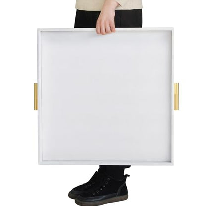 HofferRuffer Extra Large Square Serving Tray, Elegant Faux Leather Ottoman Tray with Gold Hardware Handles, Serve Tea, Coffee or Breakfast in Bed, 24 x 24 inches (White Shagreen) - color: White Shagreen, size: 24" x 24" x 2"