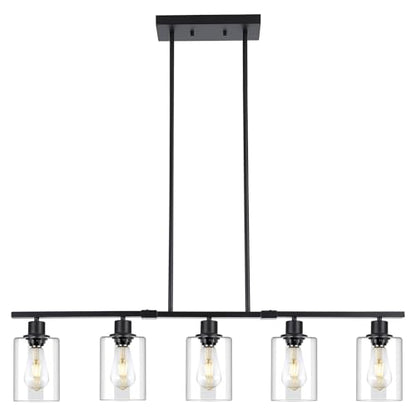 39.4" Kitchen Island Lighting, 5 Lights Clear Glass Pendant Light Fixtue, Black Linear Metal Chandelier for Dining&Living Room Foyer,Height Adjustable,E26 Socket - color: Black