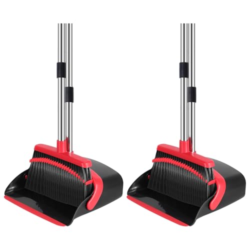 NACENA Broom and Dustpan Set, 52-in Long Adjustable Handle Broom Dustpan Combo with Dustpan Teeth to Automatically Clean Hair Suitable for Home Kitchen Office Hall Floor (Black&Red), 2 Pack