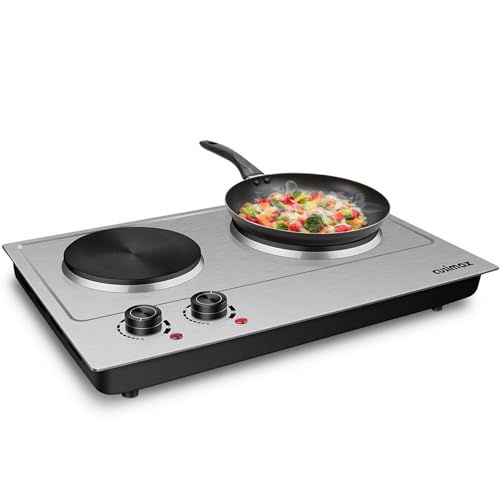 CUSIMAX 1800W Double Hot Plate, Stainless Steel Silver Countertop Burner Portable Electric Double Burners Electric Cast Iron Hot Plates Cooktop, Easy to Clean, Upgraded Version C180N - color: Silver, size: Double