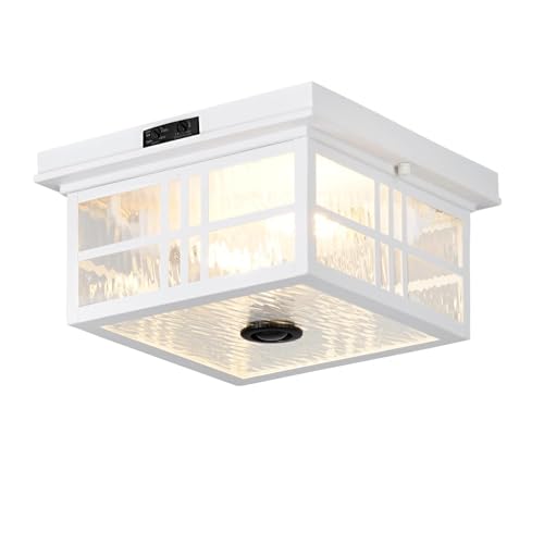 Outdoor Ceiling Light Motion Sensor Flush Mount Fixture, Porch Front Exterior Ceiling Lights with Dusk to Dawn Detector, Adjustable Glass Square Mount for Entryway Garage Carport, CL - color: White