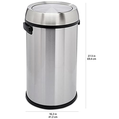 Amazon Basics Round Stainless Steel Trash Can with Swing Lid, Fingerprint and Smudge Resistant, 65 Litre/17.2 Gallon, Silver, Black