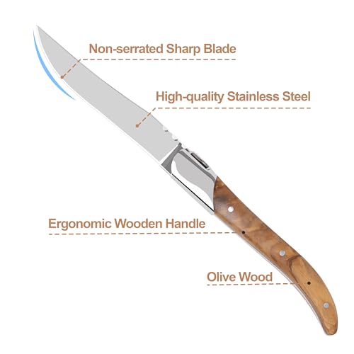 LUVCOSY Laguiole Style Steak Knife Set of 6, Non-serrated Steak Knife Set with Olive Wood Handle, Sharp Stainless Steel Steak Knives with Gift Box, Dinner Cutlery Set for Home Party - color: Olive Wood Handle