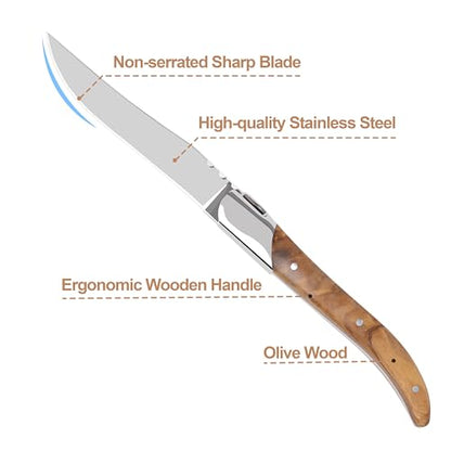 LUVCOSY Laguiole Style Steak Knife Set of 6, Non-serrated Steak Knife Set with Olive Wood Handle, Sharp Stainless Steel Steak Knives with Gift Box, Dinner Cutlery Set for Home Party - color: Olive Wood Handle