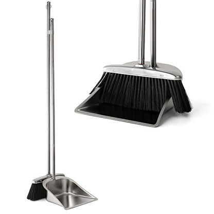 Heavy Duty Broom and Dust pan Set, Stainless Steel Broom and Dustpan Set with Long Handle, Broom with Dustpan Set for Home Standing Dust Pan Indoor Outdoor Brooms Dustpan - color: Black Broom and Dustpan Set