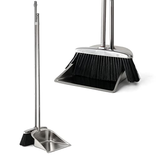 Heavy Duty Broom and Dust pan Set, Stainless Steel Broom and Dustpan Set with Long Handle, Broom with Dustpan Set for Home Standing Dust Pan Indoor Outdoor Brooms Dustpan - color: Black Broom and Dustpan Set