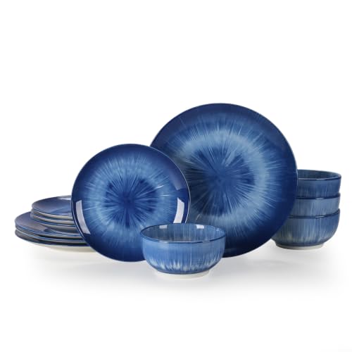 Sweejar Ceramic Dinnerware Service of 4,12 pcs Plate and Bowls for Kitchen - color: Blue, style: Service for 4 (12PCS)