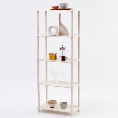 TRES BELLE 5-Tier Storage Shelves, Modern Open Display Bookshelf, Toolless Assembly Wood & Metal Shelving Unit, Multipurpose Storage Organizer Rack for Living Room, Bedroom, Home Office, Ivory - color: Ivory