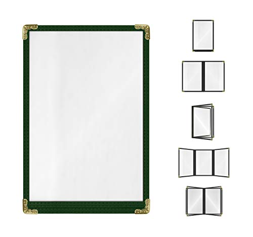 Goodsmart Restaurant Menu Covers – 25 Pack Green 2-View, Top-Loading Menu Holders, Vinyl & Plastic Café Menu Covers, Clear Menu Sleeves, Fits 5.5" x 8.5", Leather-Style Design, Gold Corners - color: Green, size: 1 Page / 2 Views - 5.5" x 8.5"