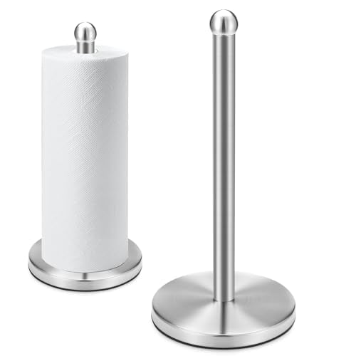 DAWNER Paper Towel Holder Countertop, Freestanding Kitchen Paper Holder Stand, One-Handed Tear, Stainless Steel, Paper Towel Dispenser with Weighted Base for Standard Towel Rolls, Brushed Nickel