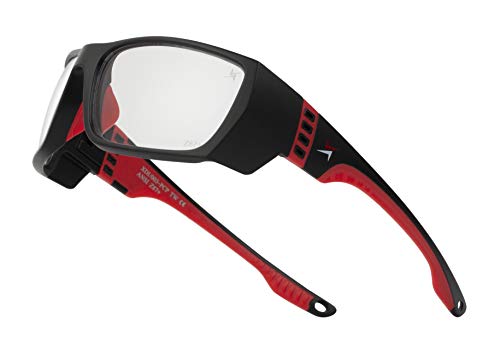 X Power ANSI Z87+ Safety Sunglasses Impact Resistant Polycarbonate Lens & Double Injection Frame - color: 003 Black & Red Frame / Clear Lens