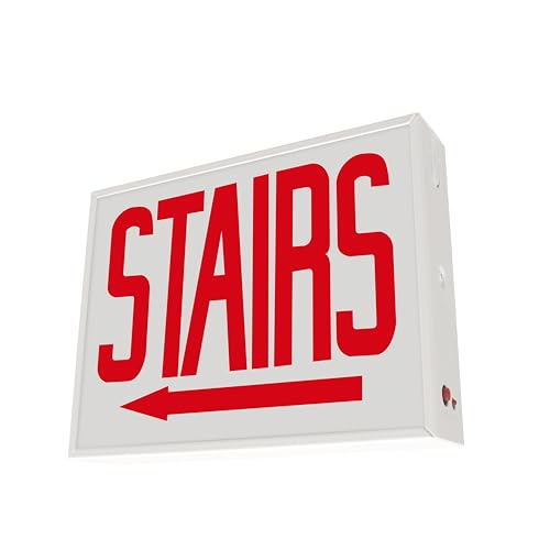 LFI Lights® Chicago Approved Exit Sign, UL 924 Listed, (Stairs Left Arrow), Red LED, White, Steel Housing, Glass Panel, 120-277VAC Wall, Ceiling or Side Mount, Hardwired with Battery Backup CHEXRWBBSTAIRLA - style: STAIRS Left Arrow