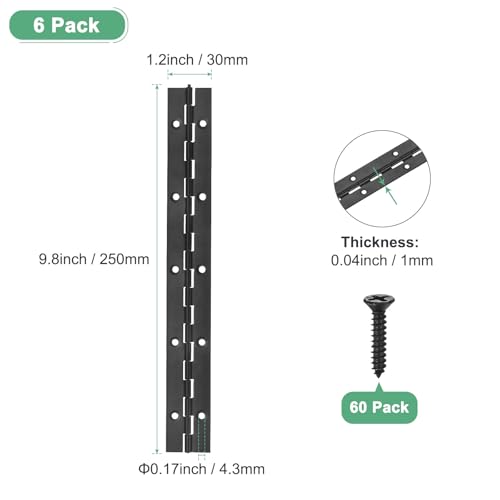 M METERXITY 6-Pack Piano Hinges, 10 Inch / 250mm 304 Stainless Steel Continuous Piano Hinge with Holes and Screws for Cabinets Door/Storage Box [1.2X 0.04/ 30x 1mm Open Width Thick, Black] - size: 10 Inch