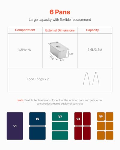 VEVOR 6-Pan Commercial Food Warmer, 6 x 1/3 Pans Electric Steam Table, 1500W Professional Buffet Catering Food Warmer with Undershelf, Stainless Steel Server for Restaurant Party Hotel - size: 6-Pan
