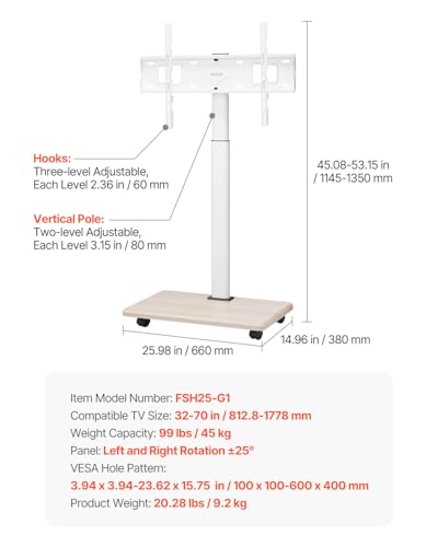 VEVOR Rolling TV Stand, Mobile TV Cart for 32-70 Inch Screens, 25° Left-Right Rotation and Height Adjustable TV Mount on Wheels, Holds up to 99 lbs for Corner, Bedroom, Outdoor, Max VESA 600x400mm - style: without Trays