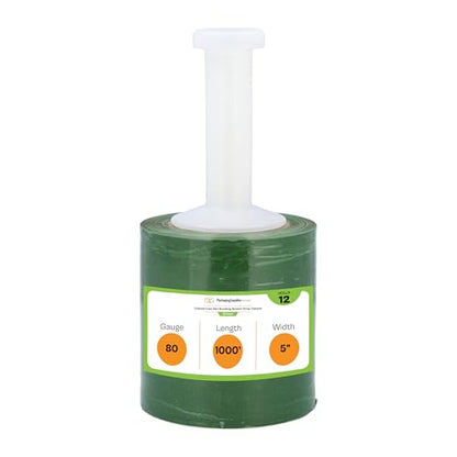 PSBM Dark Green Mini Stretch Wrap with Plastic Handle 5" x 1000' 12 Rolls - color: Green, size: 5 Inch
