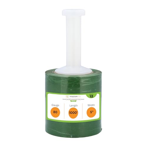 PSBM Dark Green Mini Stretch Wrap with Plastic Handle 5" x 1000' 12 Rolls - color: Green, size: 5 Inch