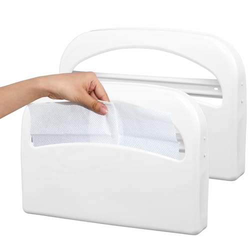 Domensi 2 Pcs Stainless Steel Toilet Seat Cover Dispenser Commercial Toilet Seat Wall Mount Half Fold Cover Holder with Screws for Office Restaurant Home Bathroom School, 16.4 Inch (White) - color: White