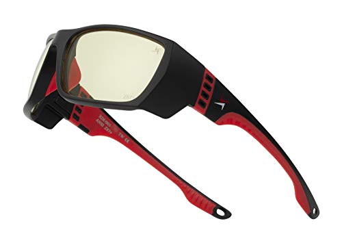 X Power ANSI Z87+ Safety Sunglasses Impact Resistant Polycarbonate Lens & Double Injection Frame - color: 003 Black & Red Frame / Yellow Lens
