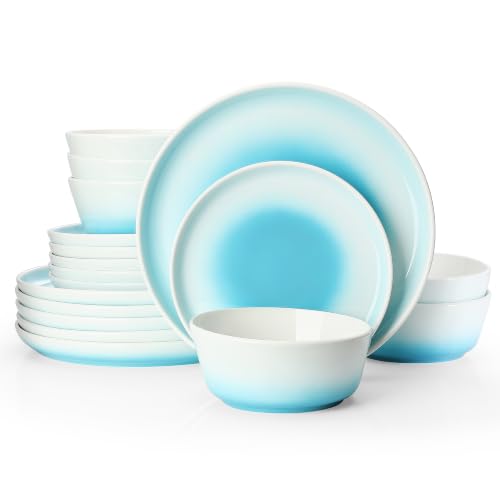 Sweese Porcelain Dinnerware Sets, Handpainted Plates and Bowls Set for 6, Scratch Resistant Dinner Set, Dishwasher and Oven Microwave Safe Dishes Set, Blue - color: Blue