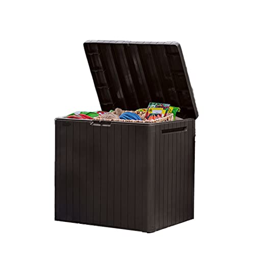 Keter City 30 Gallon Resin Outdoor Storage Box and Patio Furniture Side Table for Pool and Garden Accessories, Brown - color: Brown