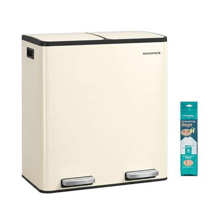 SONGMICS Trash Can, 2 x 8 Gallon (2 x 30 L) Double Compartment - color: Almond, size: 2 x 8 Gal.