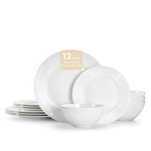 KINGSTONE 12Pc Textured White Bone China Set Service for 4 - color: White-striped, size: service for 4-12pcs