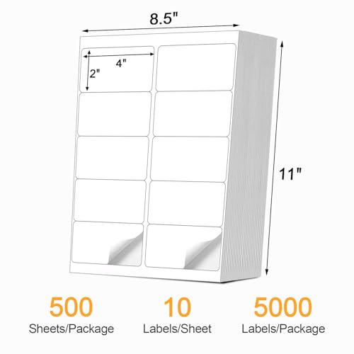 [500 Sheets 5000 Pcs] 10-UP 2''x4'' Shipping Labels for Laser & Inkjet Printers, 2" x 4" Mailing Stickers, 10 Pcs Per Page Shipping Labels,8.5"×11" White 500 Sheets for Printer - color: 10 Up - 5000 Labels