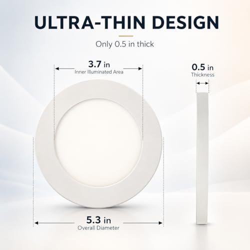 KSANA 5 Inch LED Flush Mount Ceiling Light, 5 CCT Selectable Ultra-Slim Round Flat Panel Light, Triac Dimmable 5%-100%, 8W 560LM Ceiling Light Fixture for Kitchen, Bedroom, Hallway, Office - size: 5 Inch