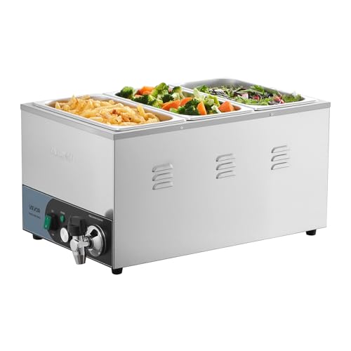 VEVOR Commercial Food Warmer, 1200W Electric Stainless Steel Steam Food Warmer, Fast Heating Countertop Buffet Bain Marie with Detachable Power Cord, for Catering, Restaurants, Parties & Buffets - size: 3*1/3Pan;20CM Depth