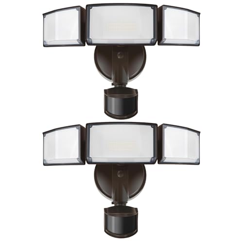 LUTEC 2 Pack 72W 7500LM LED Security Lights Motion Sensor Light Outdoor, 5000K Daylight, IP65 Waterproof, Dusk to Dawn, 3-Head Motion Detected Flood Light for Garage, Yard, Porch(Brown) - color: Brown, size: 2 Pack