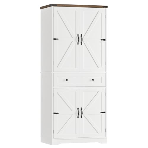 HOSTACK 71" Kitchen Pantry Storage Cabinet, Farmhouse Pantry Cabinet, White - color: White + Rustic Brown