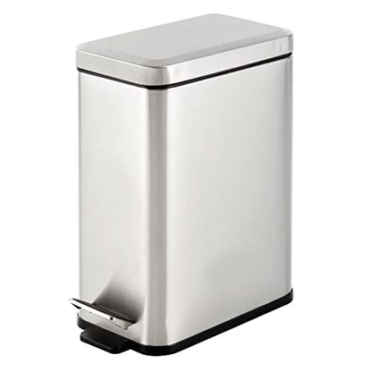 mDesign Pedal Bin — Waste Bin with Pedal, Lid and Plastic Bucket Insert for Bathroom, Kitchen, and Office — Metal Household Rubbish Bin with Ergonomic Design — Brushed Silver - color: Brushed, size: 2.6 Gallon