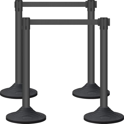 Crowd Control Stanchion Set, 4Pcs 10-Foot Retractable Belt Posts - color: Black