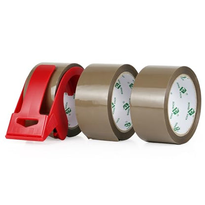 BOMEI PACK Brown Packing Tape with Dispenser, 2.4 Mil 1.88 Inch x 60 Yards, 3 Refills Rolls Packaging Tape for Moving, Shipping and Storage