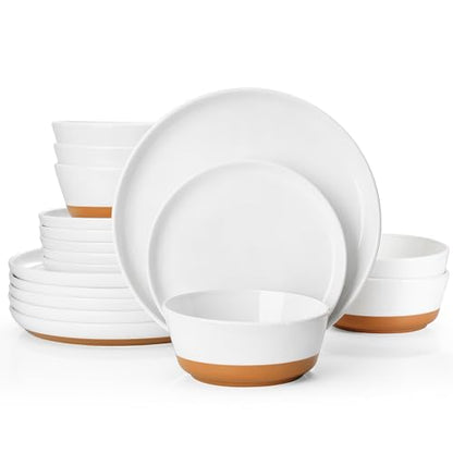 Sweese Porcelain Dinnerware Sets, Handpainted Plates and Bowls Set for 6, Scratch Resistant Dinner Set, Dishwasher and Oven Microwave Safe Dishes Set,White - color: White