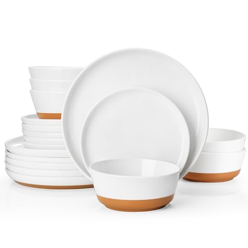 Sweese Porcelain Dinnerware Sets, Handpainted Plates and Bowls Set for 6, Scratch Resistant Dinner Set, Dishwasher and Oven Microwave Safe Dishes Set,White - color: White