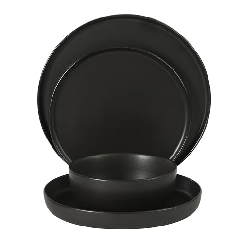Gibson Elite Bayou Moon Plates and Bowls Sets, 16-Piece Black Matte Stoneware Dinnerware Sets, Solid Color Reactive Glaze Dish Set - color: Matte Black (Bayou Moon)