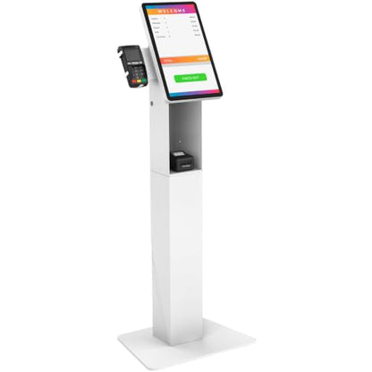 Mount-It! POS Kiosk Floor Stand for Monitors, Fits 15–22" Screens up to 22 lbs, VESA 75x75 & 100x100, 30° Tilt, Printer Bay & Payment Terminal Bracket, Self-Service Check-in Kiosk Stand, White