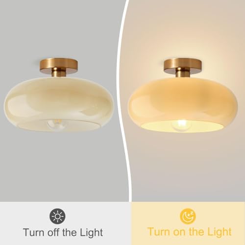 Gold Brass Flush Mount Ceiling Light Fixtures Mid Century Modern Ceiling Lights Brushed Milk Yellow Shade Glass Semi Flush Mount Light for Farmhouse Hallway Kitchen Sink Ceiling Lamp - color: Flush-Milk Yellow 2