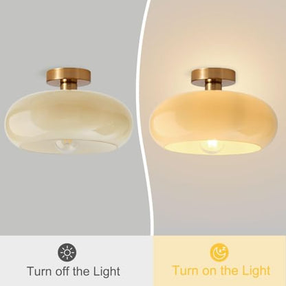 Gold Brass Flush Mount Ceiling Light Fixtures Mid Century Modern Ceiling Lights Brushed Milk Yellow Shade Glass Semi Flush Mount Light for Farmhouse Hallway Kitchen Sink Ceiling Lamp - color: Flush-Milk Yellow 2