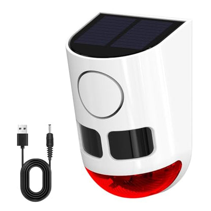 Solar Motion Sensor Alarm with Strobe Light, 130dB Outdoor Security Alarm System, 13 Alarm Sounds with Remote Control, Solar Powered, Waterproof PIR Motion Detector for Farm Yard Garden Orchard.1PCS