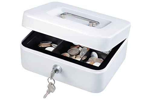 KYODOLED Medium Cash Box with Money Tray,Small Safe Lock Box with Key,Cash Drawer,7.87"x 6.30"x 3.54" White Medium - color: White-1PACK, size: Medium
