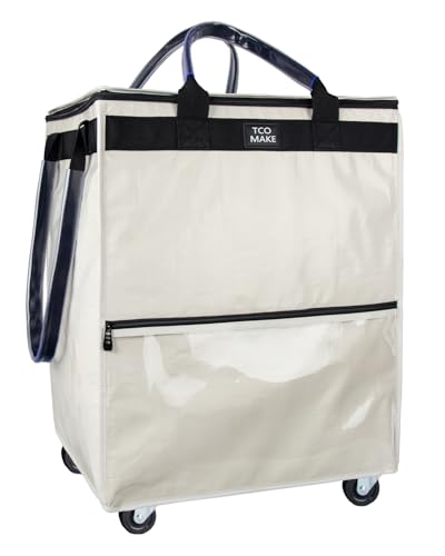 Large Beige Reusable Grocery Bag on Wheels, Folding Rolling Tote - color: Beige, size: Large