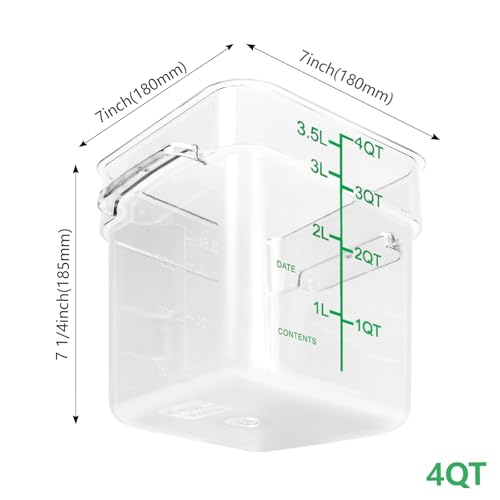4 Pack Food Storage Containers with Green Lids, 4.0 Qt - Square, Clear, Polycarbonate, for Restaurant Commercial Kitchen and Home party - color: 4.0 Qt-Green Lids