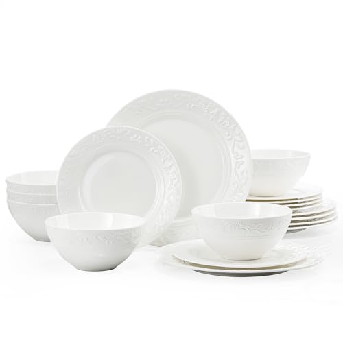 KINGSTONE 18Pcs Vintage Relief White Bone China Set, Service for 6 - color: White-Retro Embossed, size: service for 6-18pcs